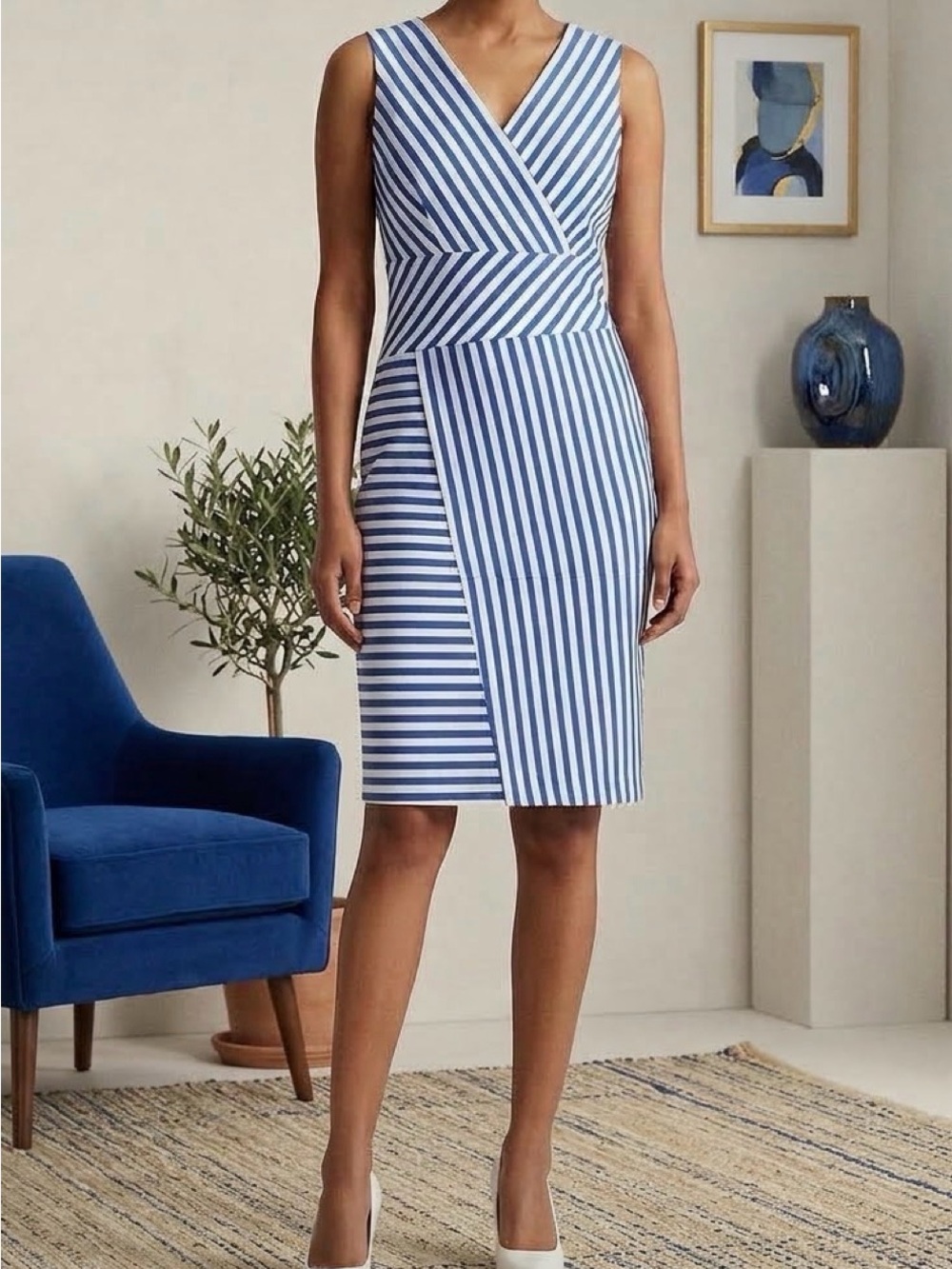 Patrizia luca milano dress blue white stripes sleeveless mid length Size M. New